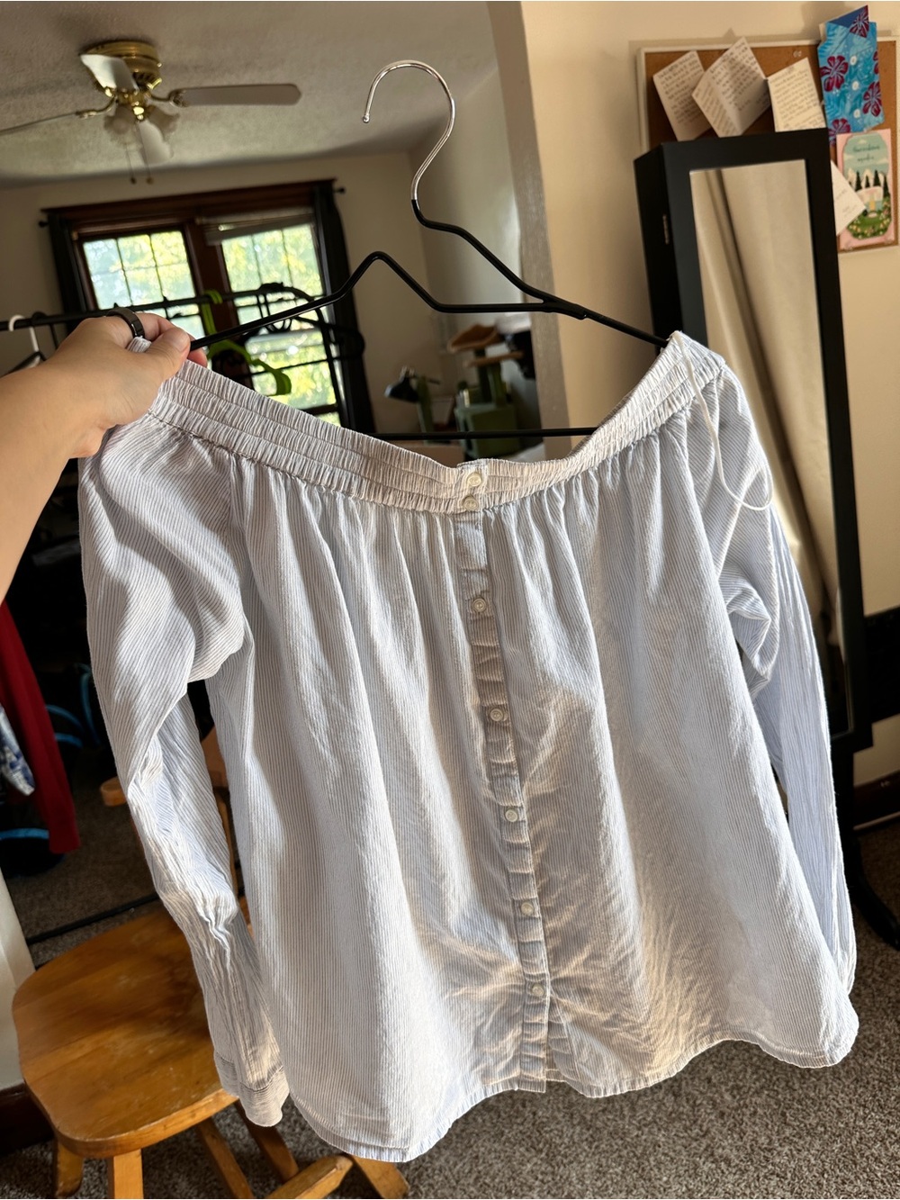 Light Blue Off-Shoulder Button-Front Blouse